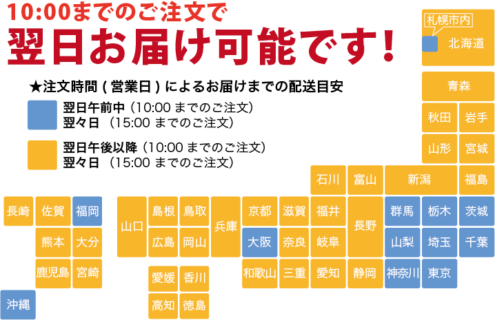 10:00までの注文については最短で翌日午前中にお届け可能です。